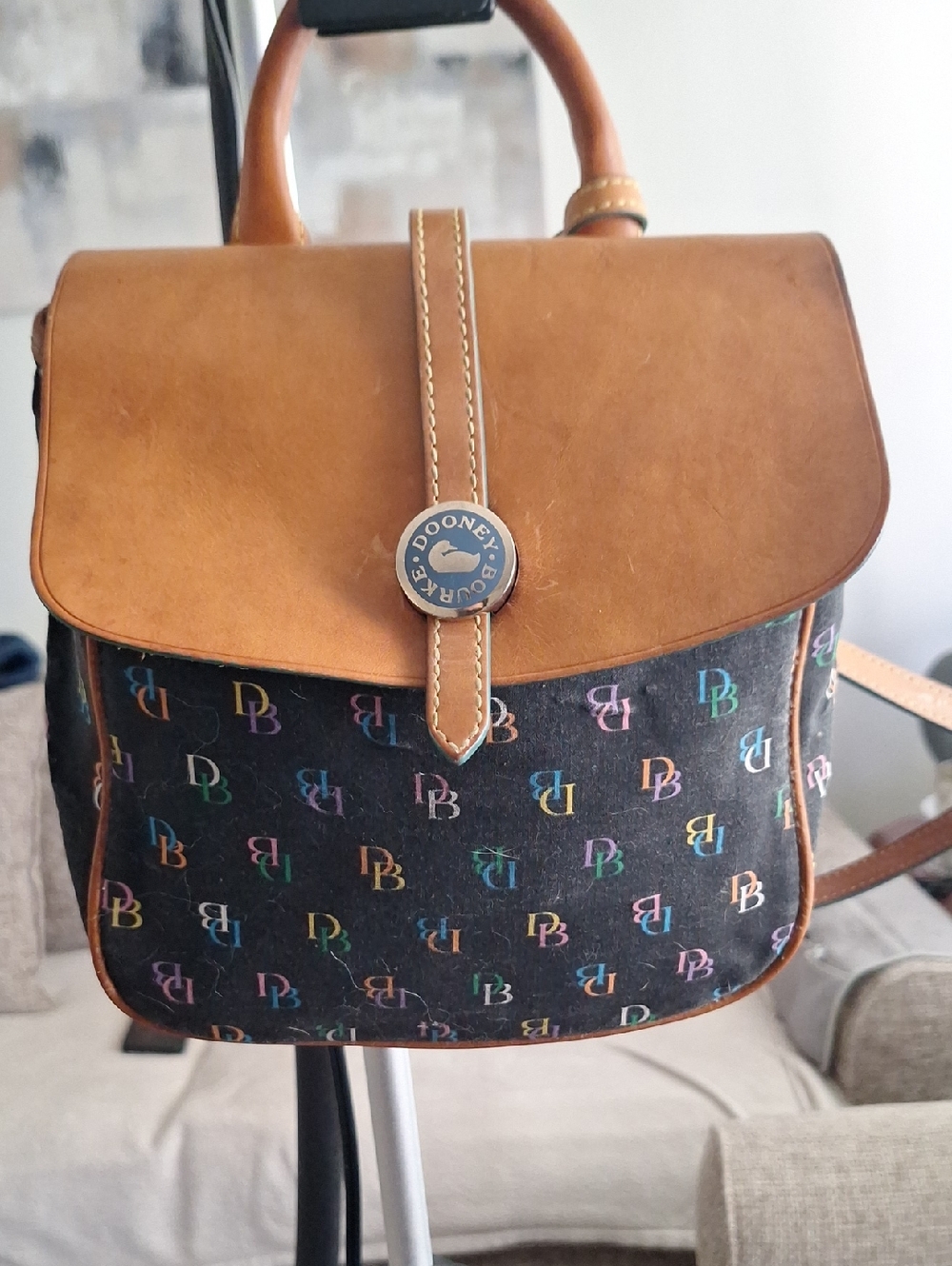 Dooney & Bourke Multicolor DB Logo Mini Backpack with Brown Leather Trim